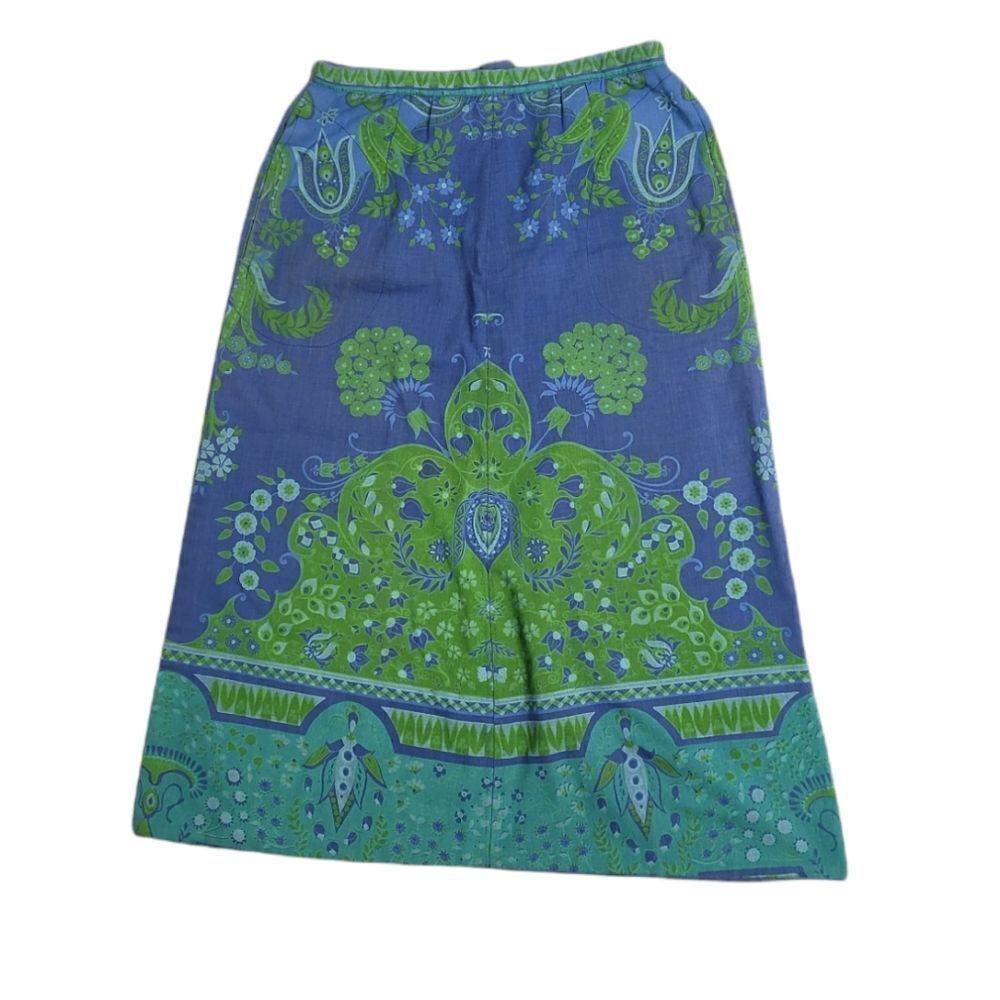 VINTAGE 70s blue green‎ medallion print midi skirt S